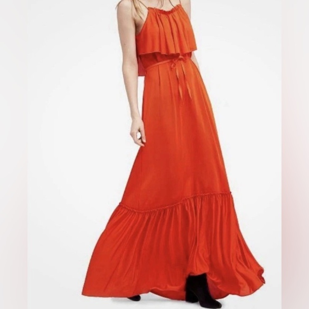 Free People Orange Coco S/P Maxi Dress Ruffle Tie Straps  chic boho Beach Summer - Picture 3 of 16